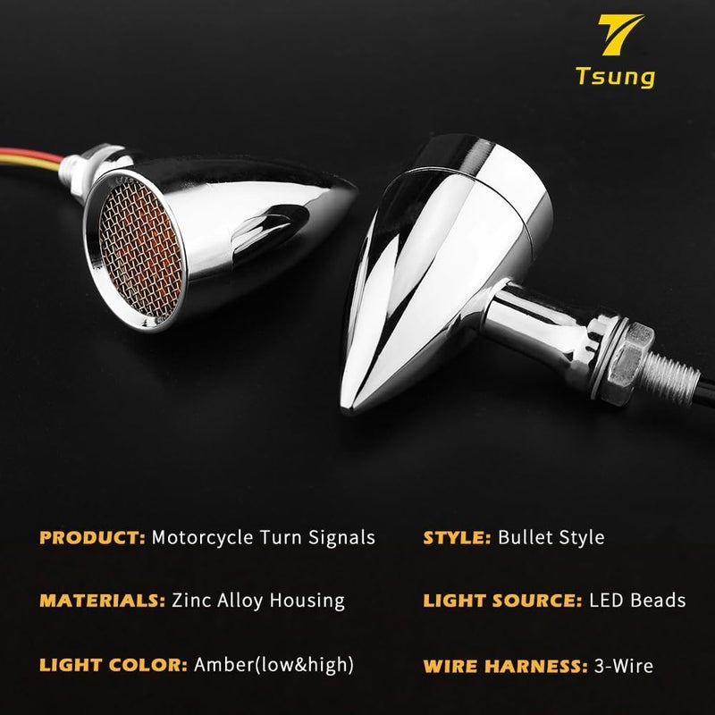 TSUNG Bullet LED Turn Signal Light Motorcycle Front Rear Indicator Small Blinker Universal for Cruiser Chopper Bobber Cafe Racer Street Bike (A-Chrome-Amber) - Image 2